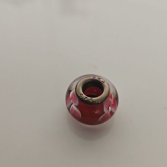 Murano Glass Flower Charm Stamped 925 Burgundy/ White - Picture 6 of 16
